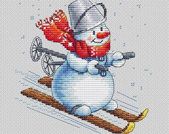 Snowman Ski cross stitch funny pattern pdf - Winter cross stitch skiing snowman Christmas embroidery blackwork cross stitch snowman skiing