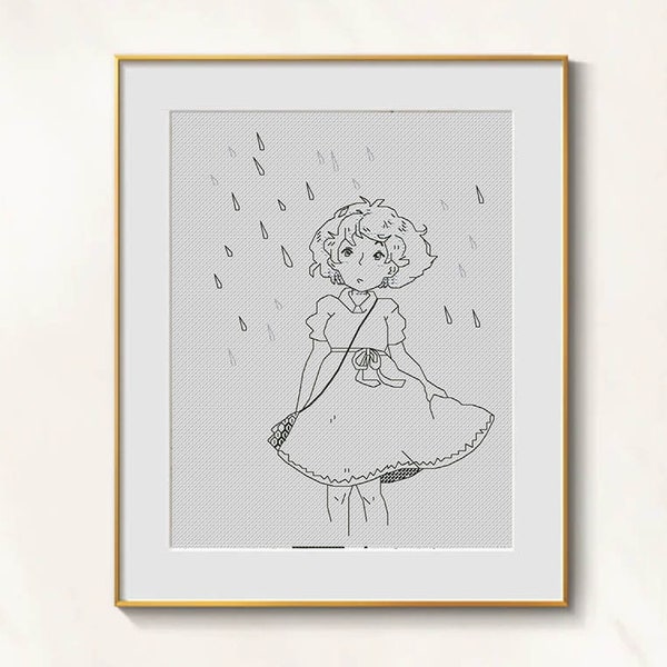 Little Girl cross stitch anime pattern - Blackwork cross stitch under the rain fantasy embroidery rain cross stitch tote bag needlepoint dmc