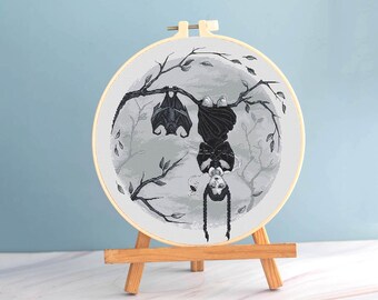Ragazza e pipistrello schema punto croce gotico PDF - Vampiro punto croce ricamo divertente Boho Art punto croce ago dmc schema