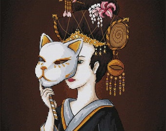 Geisha Cross Stitch Japanese pattern pdf - Asian woman Embroidery Chinese mask cross stitch Japanese theatre needlepoint asian Maiko woman