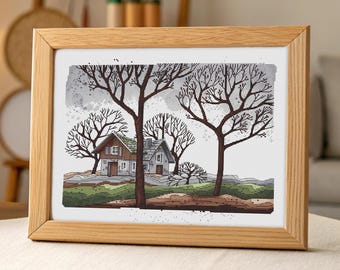 American House Cross Stitch rain pdf pattern - Minimalist Art cross stitch lonely house embroidery naive needlepoint grey day cross stitch