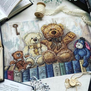Teddy Bears cross stitch Books pattern pdf - Book shelf embroidery vintage cross stitch teddy bear toy cross stitch literature gift old toy