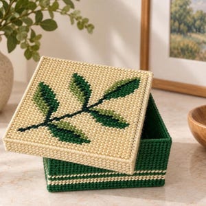 3D Plastic Canvas Biscornu Pattern PDF, 3D Cross Stitch Green Leaf Embroidery, Botanical Needlework Pincushion Stitching Chart