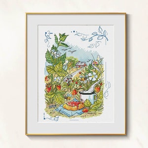 Strawberry cross stitch summer mood pattern pdf - Cottagecore embroidery berries cross stitch rustic needlepoint berry pattern strawberries