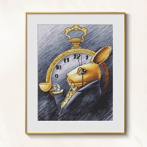 White Rabbit cross stitch Alice Wonderland pattern pdf - tea time embroidery  magic clock cross stitch Alice adventures cross stitch rabbit