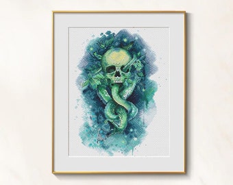 Skull & Snake cross stitch gothic pattern pdf - Sci Fi cross stitch skull embroidery death symbol cross stitch snake skeleton blackwork dmc