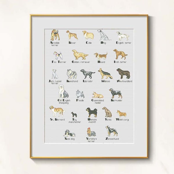Dog Breeds Cross Stitch ABC pattern pdf - Dog Alphabet cross stitch Animalistic font cross stitch dog breeds ABC embroidery, dog sampler dmc