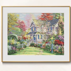 Cottage cross stitch country house pattern pdf - Autumn cross stitch embroidery old house needlepoint dmc blackwork