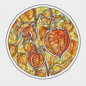 May include: A round cross-stitch design featuring orange and yellow Chinese lantern plants. The design includes detailed leaves and lantern-shaped fruits, all outlined in black against a yellow and green background. The artwork is set within a white border.