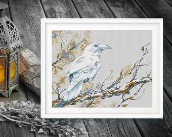 White Raven Cross Stitch Woods Pattern Pdf - Modern Cross Stitch Raven Embroidery Crow Gothic Cross Stitch Boho Cross Stitch dmc Needlepoint