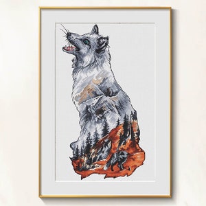 Polar Fox cross stitch Fantasy pattern pdf - Celtic cross stitch mountain embroidery fox nostalgy needlepoint lonely fox in wild blackwork