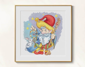 Elf cross stitch nursery pattern pdf - Dwarf embroidery magician cross stitch fairy tale needlepoint beginner birthday card embroidery dmc
