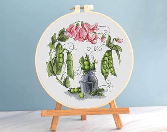 Sweet Pea Cross stitch botanical pattern pattern pdf - Sweetpeas embroidery kitchen cross stitch pea flowers china embroidery dmc blackwork