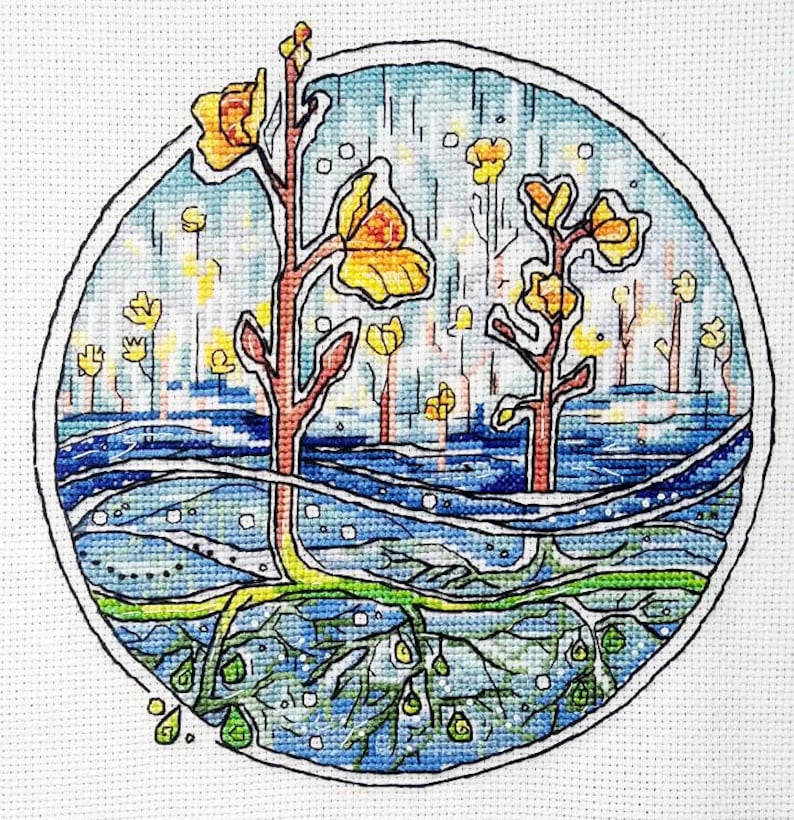 Puede incluir: Un bordado de punto de cruz que representa un paisaje estilizado dentro de un c&iacute;rculo. El dise&ntilde;o presenta flores amarillas, tallos marrones y agua azul, con ra&iacute;ces y gotas verdes. El fondo es azul claro con detalles blancos.
