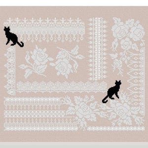 May include: Cross-stitch design with white floral and lace patterns on a pale pink background. Two black cat silhouettes are included in the design. The artwork is framed in a white border.