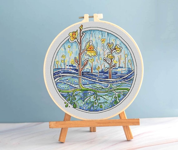 Bladderworts cross stitch botanical pattern pdf - Round cross stitch plant bladderworts embroidery gardern needlepoint blackwork flowers dmc