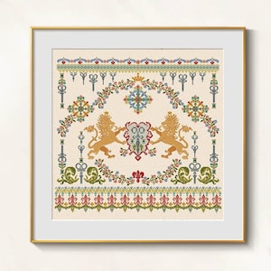 Cottagecore cross stitch blackwork pattern pdf - Victorian ornament cross stitch lions embroidery heraldic cross stitch lions coat of arms