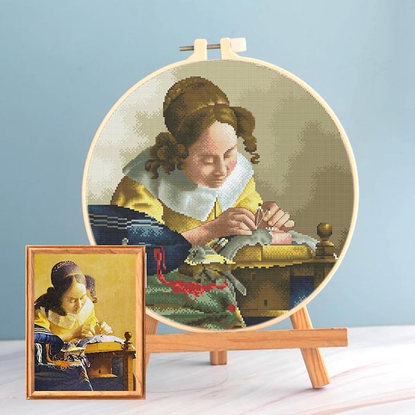 Vermeer Cross Stitch Lacemaker Embroiderya pattern pdf - Round cross stitch Vermeer Young Girl embroidery painting cross stitch Lacemaker