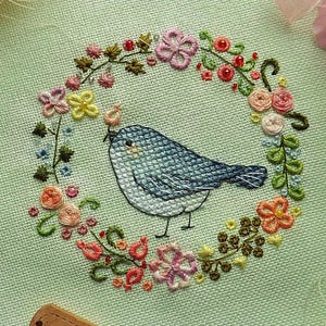 Wreath Cross Stitch Bird Pattern pdf -Floral bird embroidery summer flowers cross stitch little bird blackwork purse needlepoint dmc chart