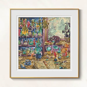 May include: Cross-stitch art of a witch's workshop, framed in gold. The scene includes shelves of potions, a bubbling cauldron, a sleeping black cat, and an open spell book. The color palette is rich with blues, greens, and browns.