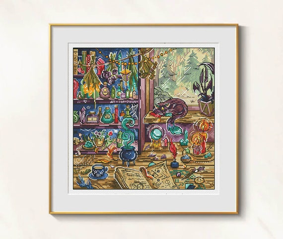 Witch Home Cross Stitch Black Cat pattern pdf - Funny Witchcraft Embroidery Modern Cross Stitch Witch Kitchen Embroidery, Wicked House dmc