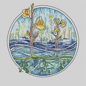 Puede incluir: Un dise&ntilde;o de punto de cruz dentro de un marco circular, que representa &aacute;rboles estilizados con flores amarillas y troncos marrones. La escena incluye agua azul y ra&iacute;ces verdes, creando una obra de arte con tem&aacute;tica de la naturaleza.