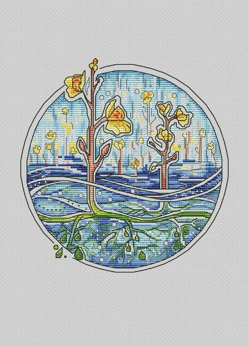 Puede incluir: Un dise&ntilde;o de punto de cruz dentro de un marco circular, que representa &aacute;rboles estilizados con flores amarillas y troncos marrones. La escena incluye agua azul y ra&iacute;ces verdes, creando una obra de arte con tem&aacute;tica de la naturaleza.