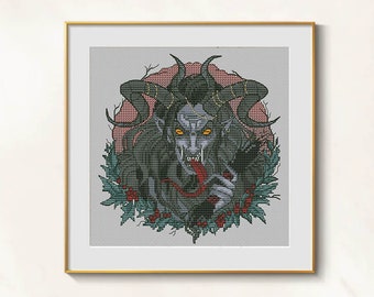 Krampus Cross Stitch Gothic pattern pdf - Scary Christmas Embroidery Horror Cross Stitch krampus horned mosnter needlepoint dmc chart