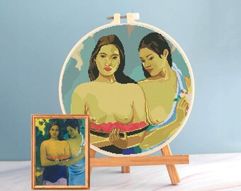 Gauguin korsstygn Tahitimönster pdf - Tahiti kvinna korsstygn exotisk fruktbroderi runt korsstygn Gauguin jalousemålning dmc