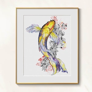 May include: A framed cross-stitch art piece featuring a koi fish in shades of yellow, purple, and blue. The fish is surrounded by black and white floral and plant elements with red accents. The artwork is set in a gold frame.