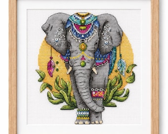 Elephant Cross Stitch Pattern PDF, Boho Indian Elephant Embroidery Chart, Ornamental Mandala Art