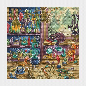 May include: A cross-stitch design depicting a witch's workspace. The scene includes shelves filled with potion bottles, a bubbling cauldron, a spell book, a crystal ball, and a sleeping black cat. The color palette is rich with blues, greens, and browns.