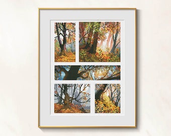 Forest Cross Stitch Autumn Pattern pdf - Autumn Garden Embroidery Old Tree Cross stitch  Autumn Leaves Cross Stitch blackwork autumn sampler
