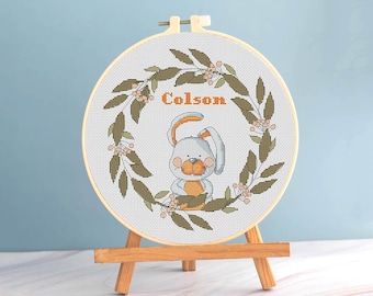 Baby cross stitch boy birth sampler pattern - new baby announcement birth record embroidery baby girl name bunny cross stitch baby name dmc