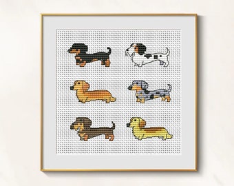 Dog Cross Stitch Dachshunds pattern pdf - Puppy cross stitch wiener dog cross stitch doxie breeds embroidery, sausage dogs sampler dmc chart
