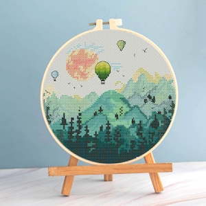 Air Balloons cross stitch nature pattern pdf - Emerald embroidery mountain landscape cross stitch hot air balloons needlepoint dmc blackwork