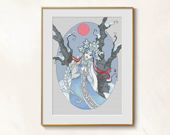 Snow Queen Cross Stitch Gothic pattern pdf - Iren horrors cross stitch witch embroidery winter fairy girl blackwork Snow Maiden dmc chart