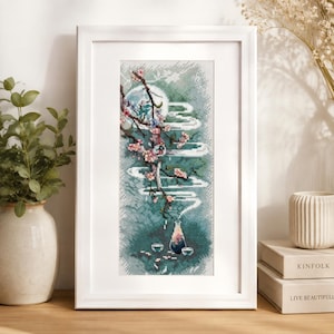 Orient Moon Cross Stitch Pattern, Asian Landscape Sakura Blackwork Embroidery PDF
