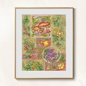 Könnte beinhalten: Gerahmte Kreuzstichkunst mit einem botanischen Design mit Pilzen, Beeren und anderen Naturelementen. Das Kunstwerk in einem goldenen Rahmen hat ein detailliertes, farbenfrohes Muster mit roten, violetten und grünen Farbtönen. Das Thema ist Natur und Botanik.