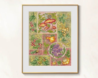 Forest Sampler cross stitch woodland pattern pdf - Victorian nature cross stitch mushrooms plants embroidery blackwork needlepoint dmc chart