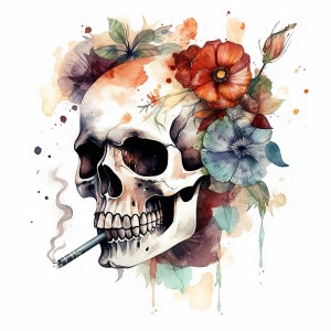 Boho Skull Art Print - Vintage Cigarette Wall Decor with Digital Download Option - Unique Skeleton Art for Living Room or Bedroom