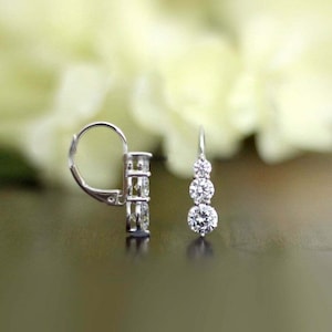 Three Stone Drop Dangle Earrings, Round Moissanite Diamond Drop Earrings, 14K Gold Wedding Anniversary Gift Earrings, Lever Back Earrings