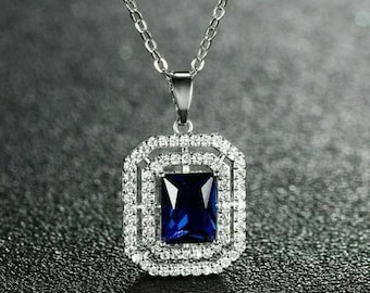 Stunning Blue Sapphire Diamond Charm Pendant, Baguette Cut Diamond Double Halo Pendant, White Gold Gemstone Pendant, Engagement Gift Pendant