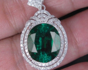 14K White Gold Charm Pendant For Women, Green Oval Cut CZ Diamond Pendant, Gemstone Double Halo Pendant, Wedding Engagement Gift Pendant