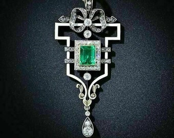 Victorian Pendant For Women, Antique Green Emerald Cut Diamond Halo Pendant, Art Deco Ribbon Bow Pendant, Vintage Look Party Wear Pendant