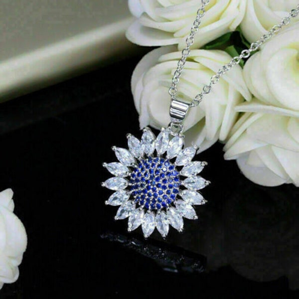 Woman's Sunflower Pendant, Sapphire Diamond Cluster Pendant, Round With Marquise Cut Diamond Halo Pendant, Nature Inspire Party Wear Pendant