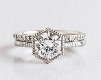 Anillo de diamantes Moissanite de talla redonda, anillo de regalo de aniversario de boda, conjunto de anillos de compromiso milgrain, banda de eternidad, anillo de propuesta, anillo de mujer