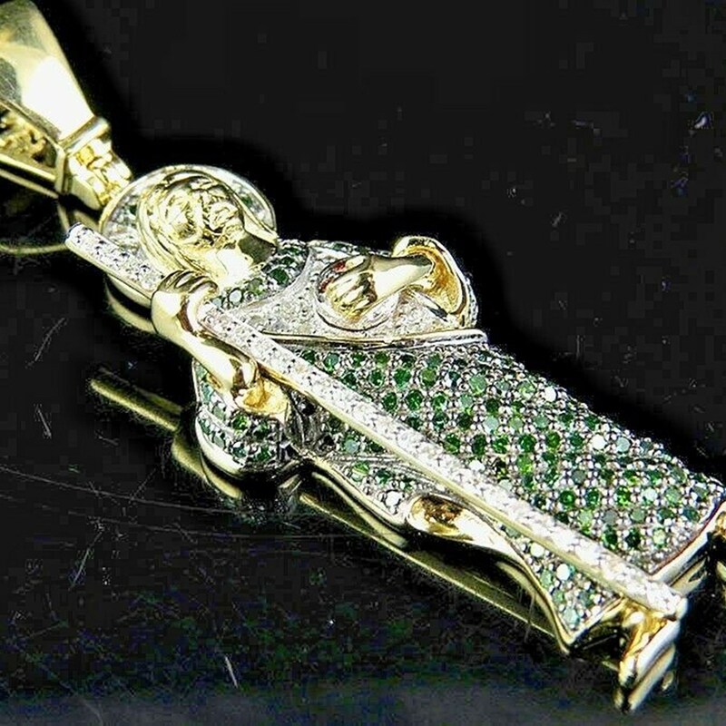 14k Gold San Judas Chain - XXLarge 3D Full Body Green Gemstone Gold San Judas Pendant - Solid Chain - LE3169