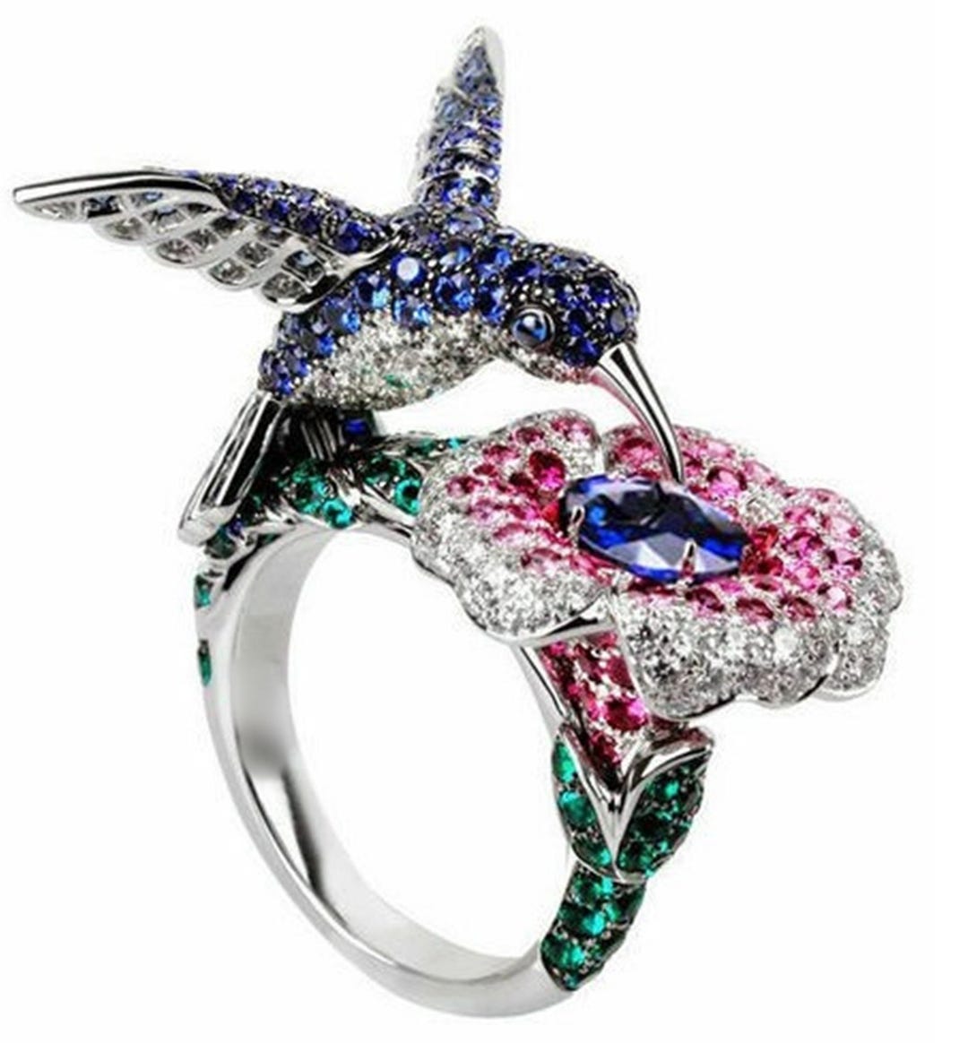 Bird Ringing Colored Rings Beautiful Hummingbird Ring, Bird With Floral Ring, Multi Color Round CZ ...