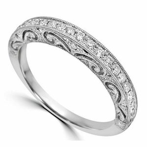 Round Moissanite Diamond Half Eternity Band, Filigree Milgrain Wedding Band For Women, Art Deco Vintage Style Band, Anniversary Gift Ring
